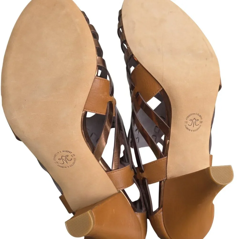 Johnston & Murphy Leather Evie Natural Gold Zip Bootie Leather Heels - Picture 7 of 11